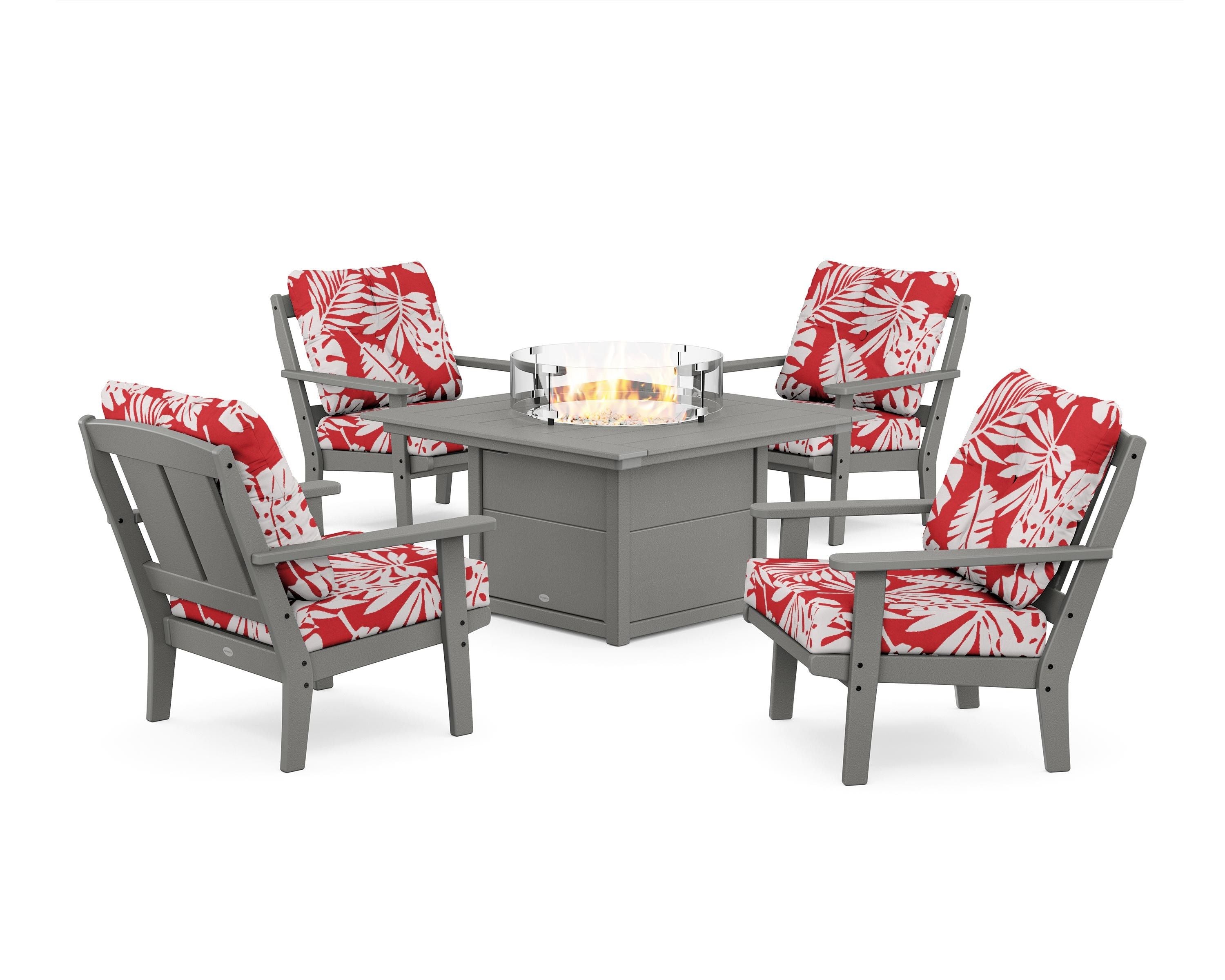 POLYWOOD® Mission 5-Piece Deep Seating Set with Fire Pit Table in Slate Grey / Leaf Crimson