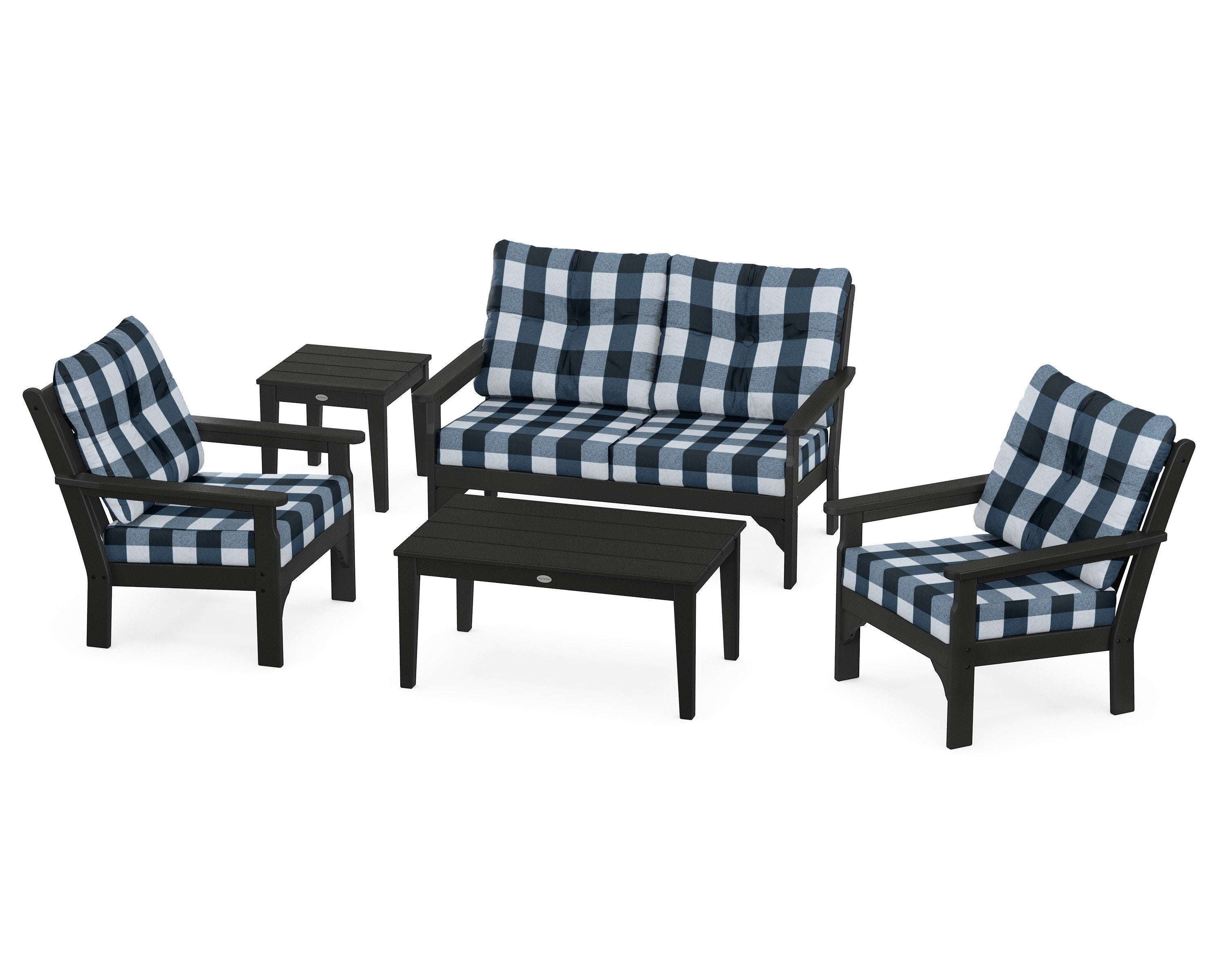 POLYWOOD® Vineyard 5-Piece Deep Seating Set in Black / Buffalo Plaid Marine Indigo