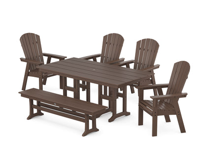 POLYWOOD® Nautical Curveback Adirondack 6-Piece Farmhouse Dining Set with Bench in Mahogany