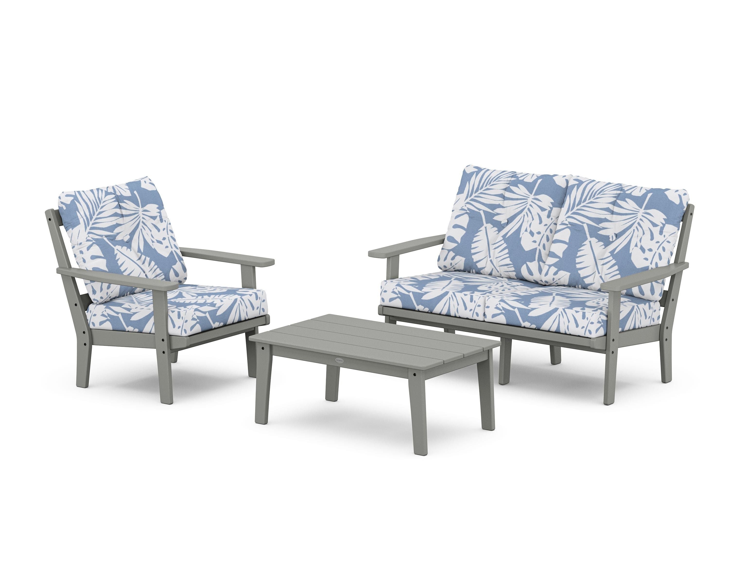 POLYWOOD® Oxford 3-Piece Deep Seating Set with Loveseat in Slate Grey / Leaf Sky Blue