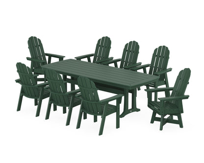 POLYWOOD® Vineyard Curveback Adirondack Swivel 9-Piece Dining Set with Trestle Legs in Green