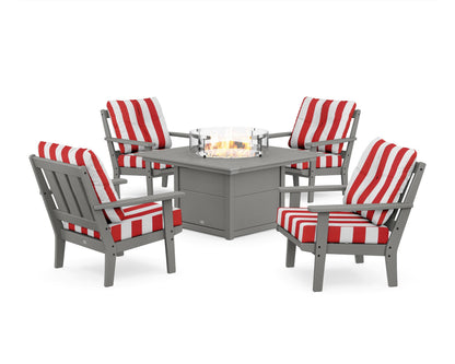 POLYWOOD® Oxford 5-Piece Deep Seating Set with Fire Pit Table in Slate Grey / Cabana Stripe Crimson