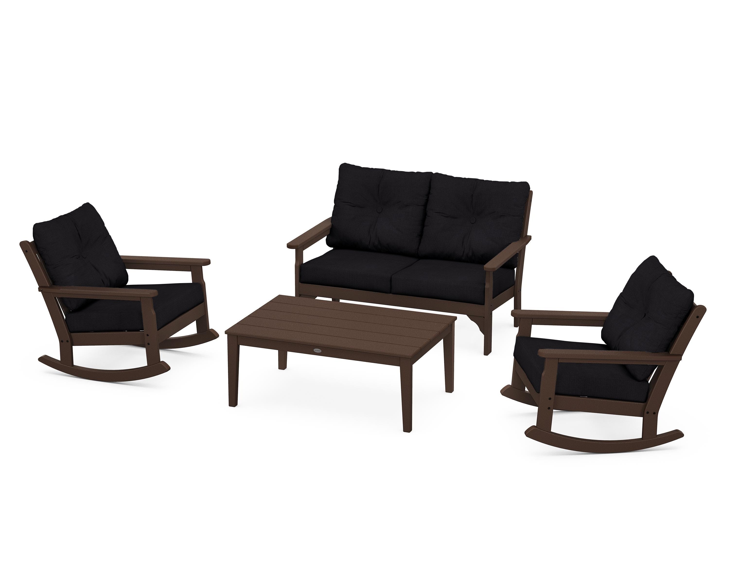 POLYWOOD® Vineyard 4-Piece Deep Seating Rocking Chair Set in Mahogany / Midnight Linen