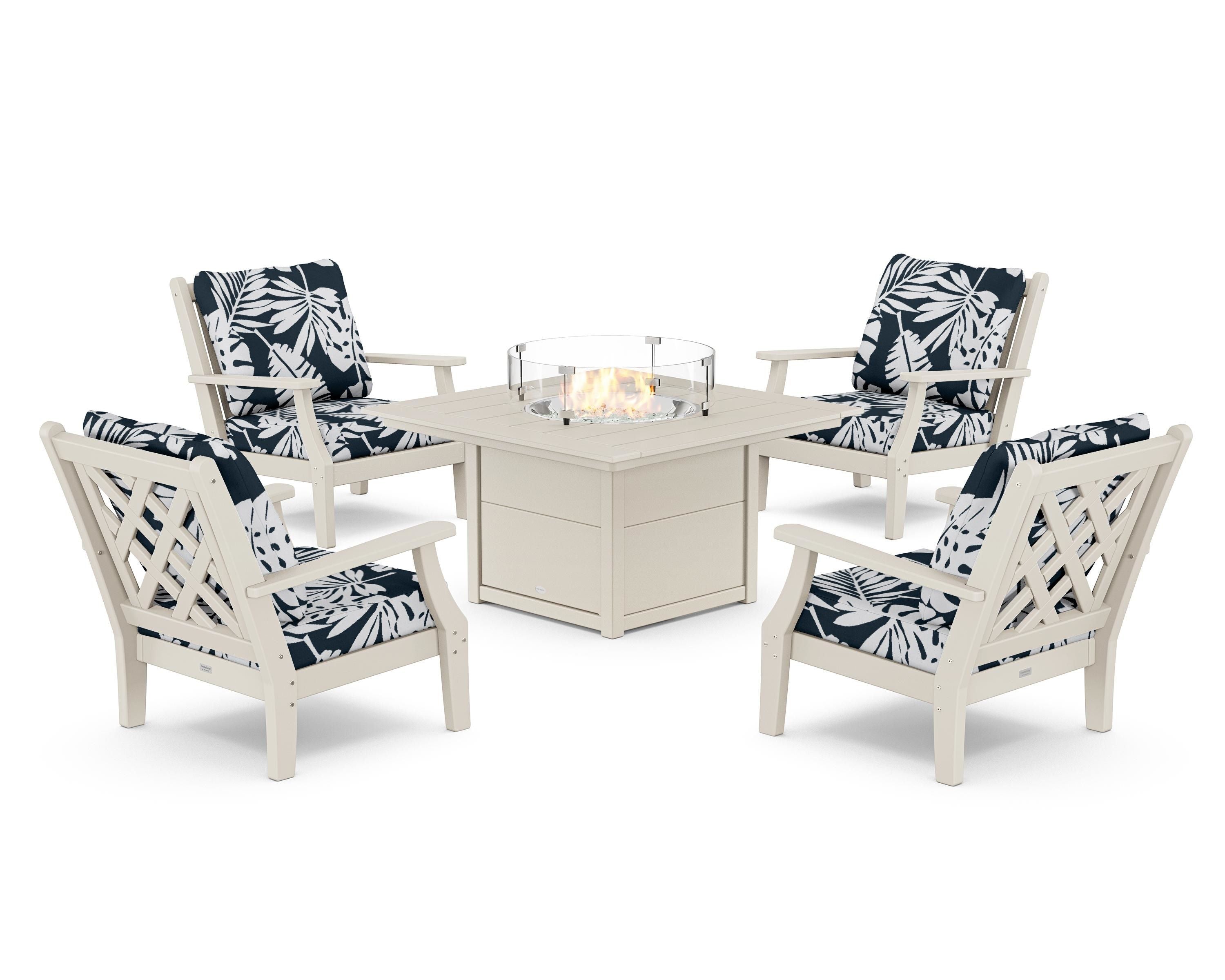 Country Living Wovendale 5-Piece Deep Seating Set with Fire Pit Table in Sand / Leaf Marine Indigo