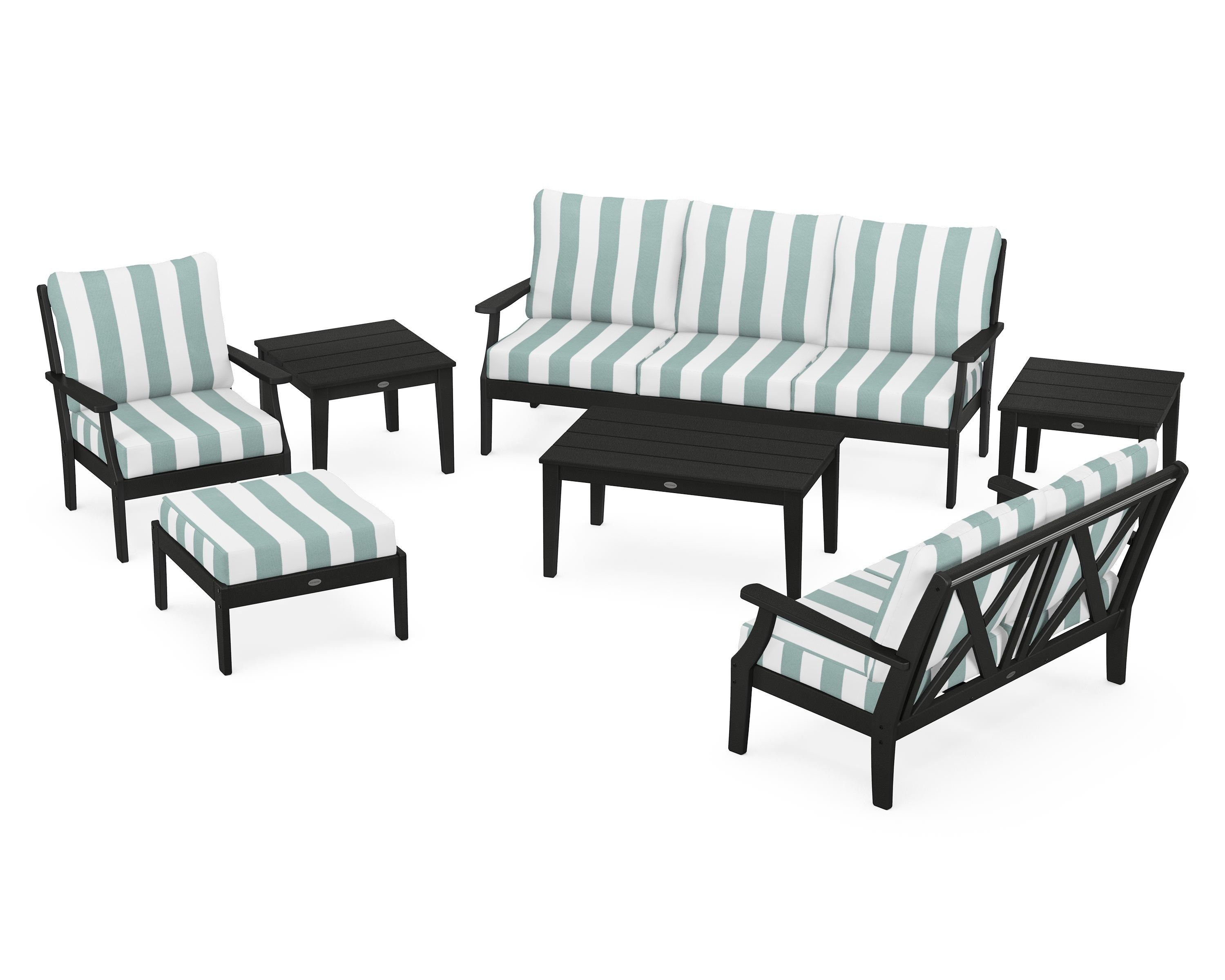 POLYWOOD® Braxton 7-Piece Deep Seating Set in Black / Cabana Stripe Glacier Spa