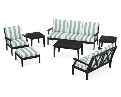 POLYWOOD® Braxton 7-Piece Deep Seating Set in Black / Cabana Stripe Glacier Spa