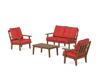 POLYWOOD® Oxford 4-Piece Deep Seating Set with Loveseat in Teak / Crimson Linen