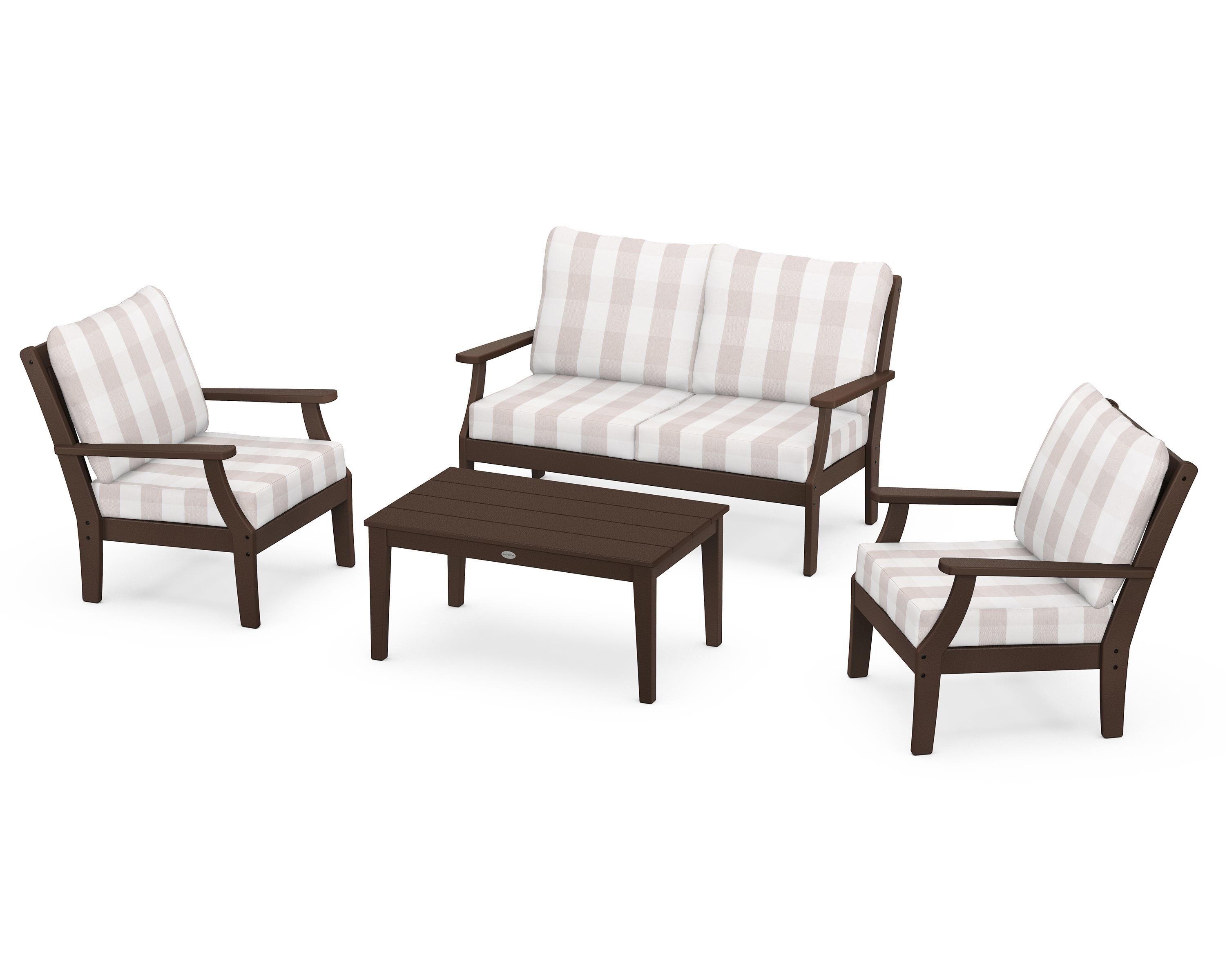 POLYWOOD® Braxton 4-Piece Deep Seating Chair Set in Mahogany / Buffalo Plaid Dune Burlap