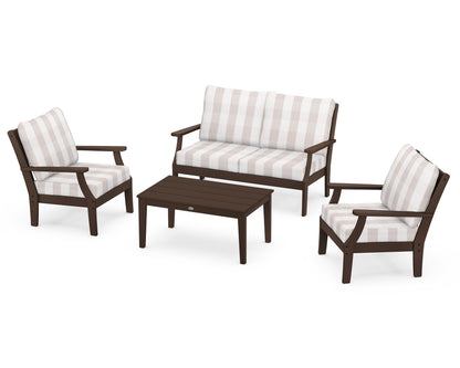 POLYWOOD® Braxton 4-Piece Deep Seating Chair Set in Mahogany / Buffalo Plaid Dune Burlap