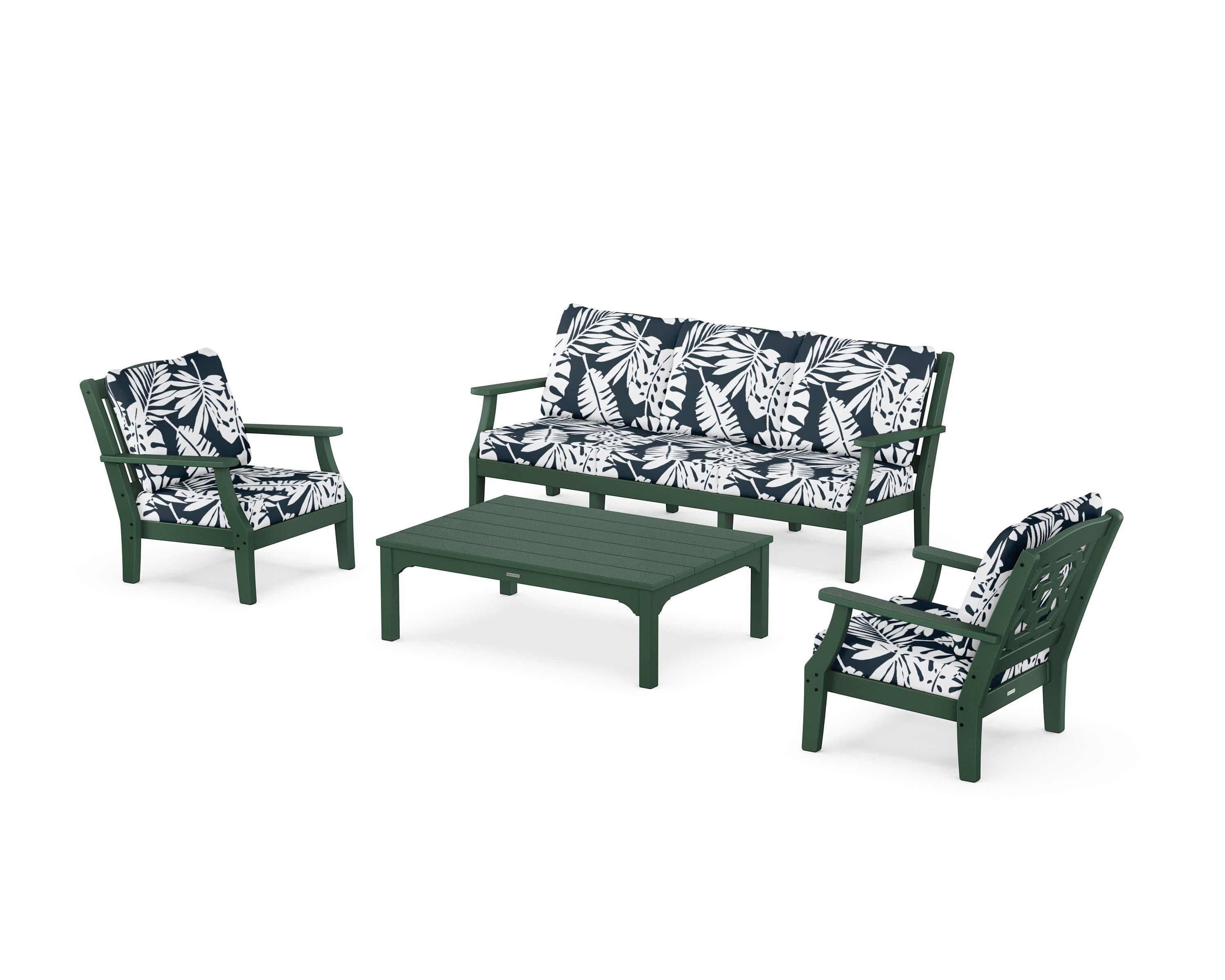 Martha Stewart by POLYWOOD® Chinoiserie 4-Piece Deep Seating Set with Sofa in Green / Leaf Marine Indigo