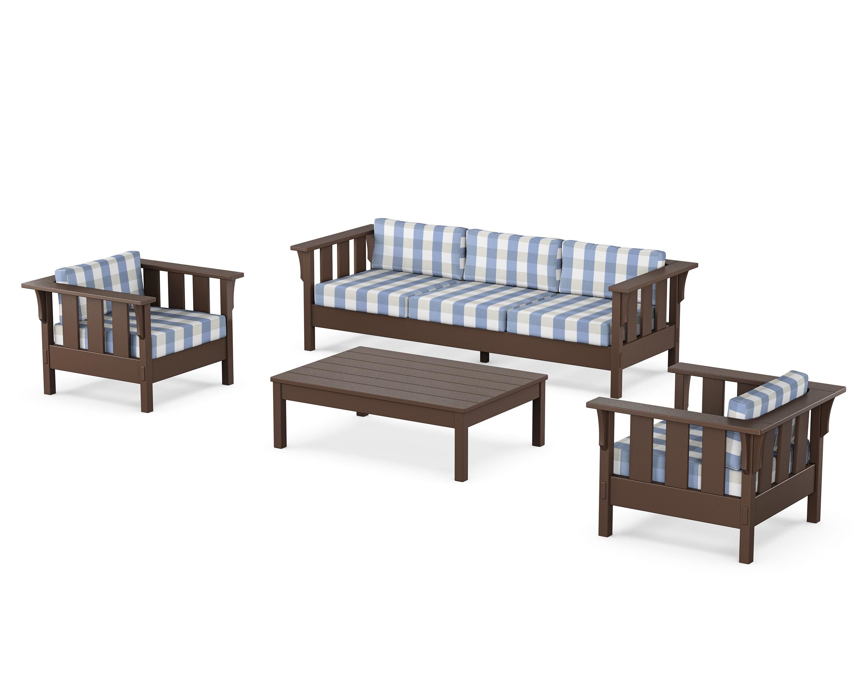 Martha Stewart by POLYWOOD® Acadia 4-Piece Deep Seating Set with Sofa in Mahogany / Buffalo Plaid Sky Blue