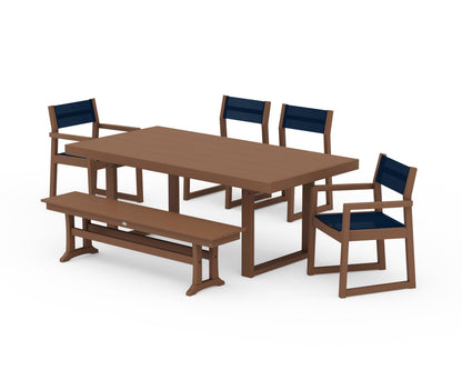 POLYWOOD® EDGE Sling 6-Piece Dining Set with Bench in Teak / Navy Blue Sling