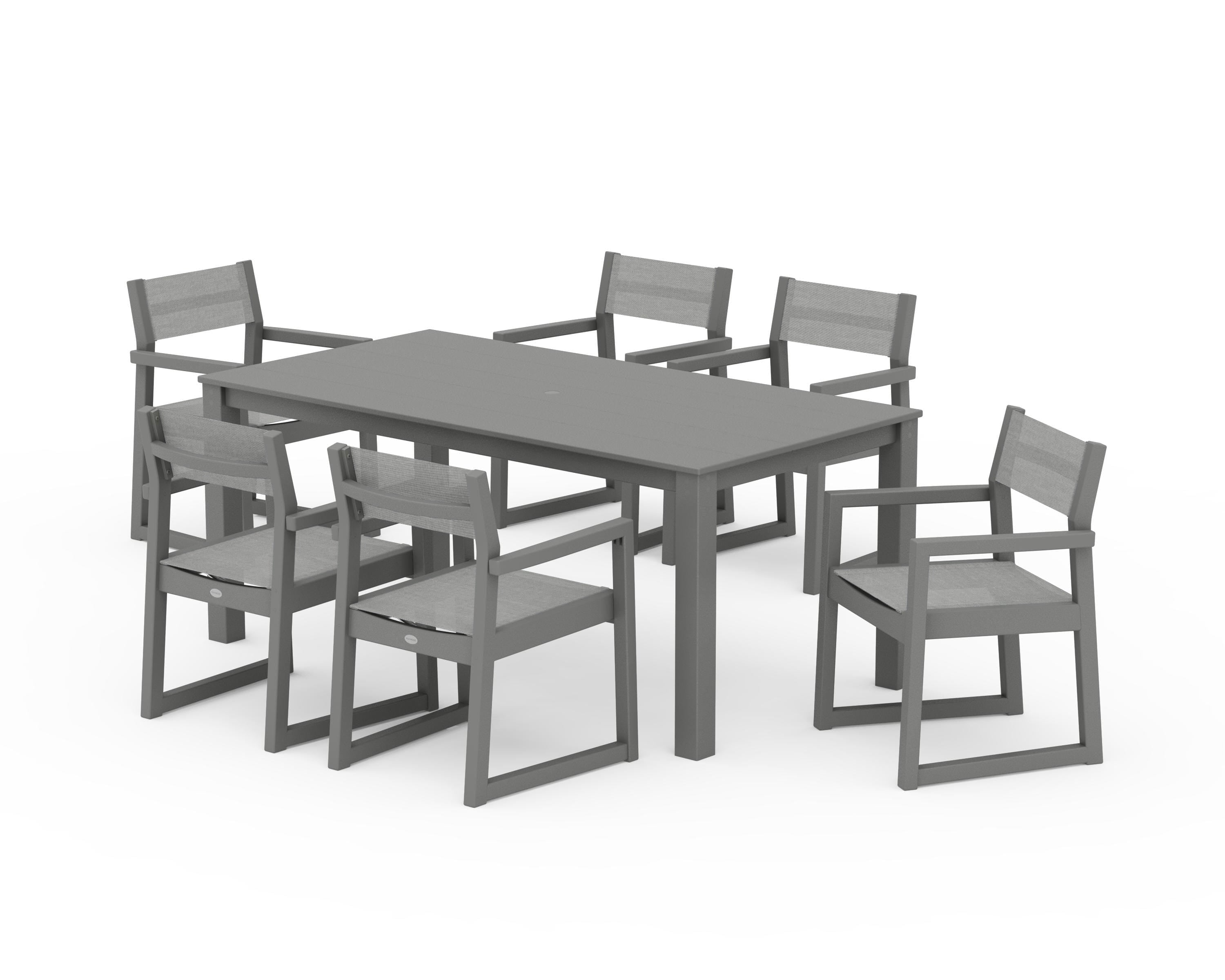 POLYWOOD® EDGE Sling Arm Chair 7-Piece Parsons Dining Set in Slate Grey / Metallic Sling