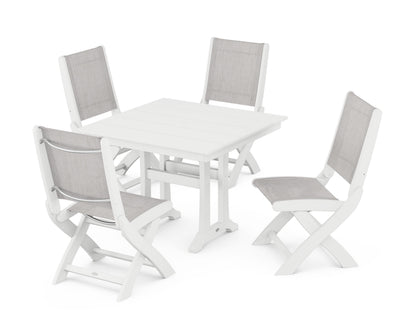POLYWOOD® Coastal Folding Side Chair 5-Piece Farmhouse Dining Set With Trestle Legs in White / Parchment Sling