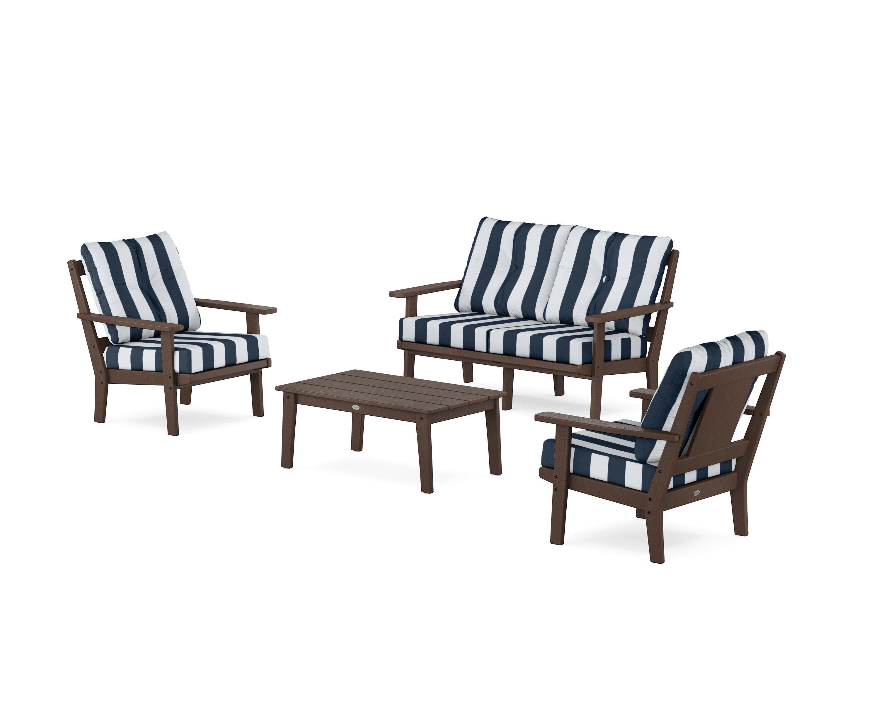 POLYWOOD® Prairie 4-Piece Deep Seating Set with Loveseat in Mahogany / Cabana Stripe Marine Indigo