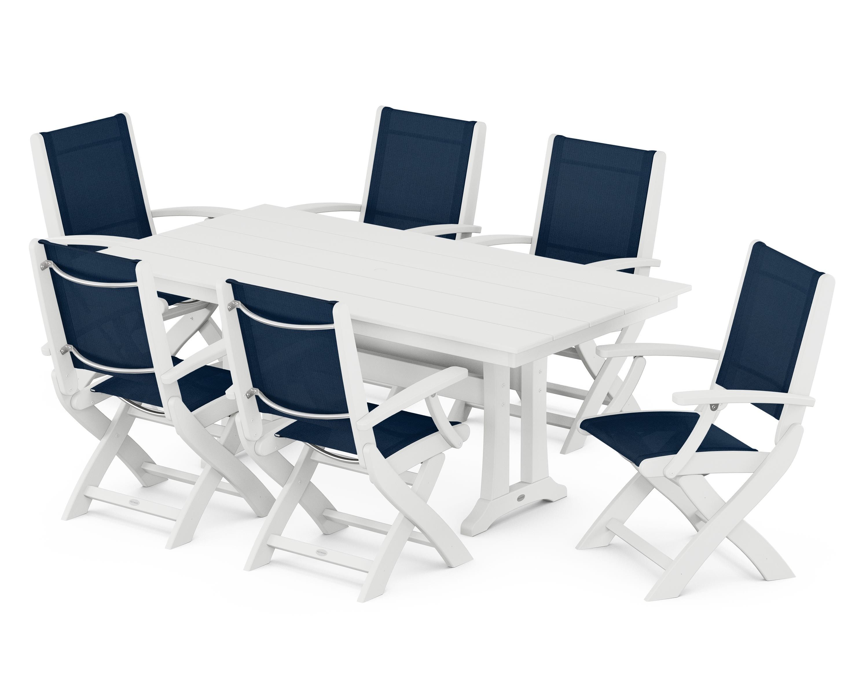 POLYWOOD® Coastal Folding Arm Chair 7-Piece Farmhouse Dining Set with Trestle Legs in White / Navy Blue Sling