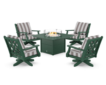 Country Living Wovendale 5-Piece Deep Seating Swivel Conversation Set with Fire Pit Table in Green / Cabana Stripe Grey Mist
