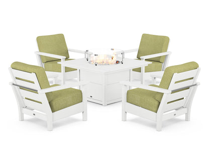 POLYWOOD® Harbour 5-Piece Conversation Set with Fire Pit Table in White / Chartreuse Boucle