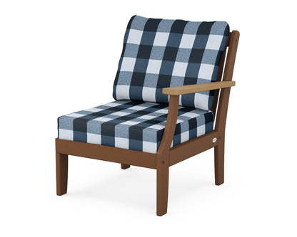 POLYWOOD® Braxton Modular Right Arm Chair in Teak / Natural / Buffalo Plaid Marine Indigo