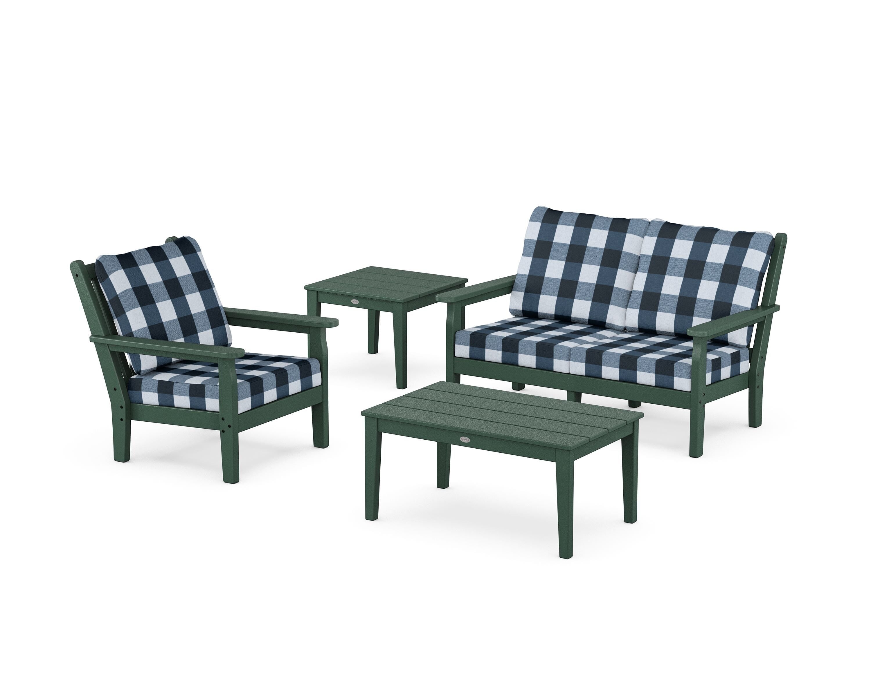 POLYWOOD® Chippendale 4-Piece Deep Seating Set in Green / Buffalo Plaid Marine Indigo