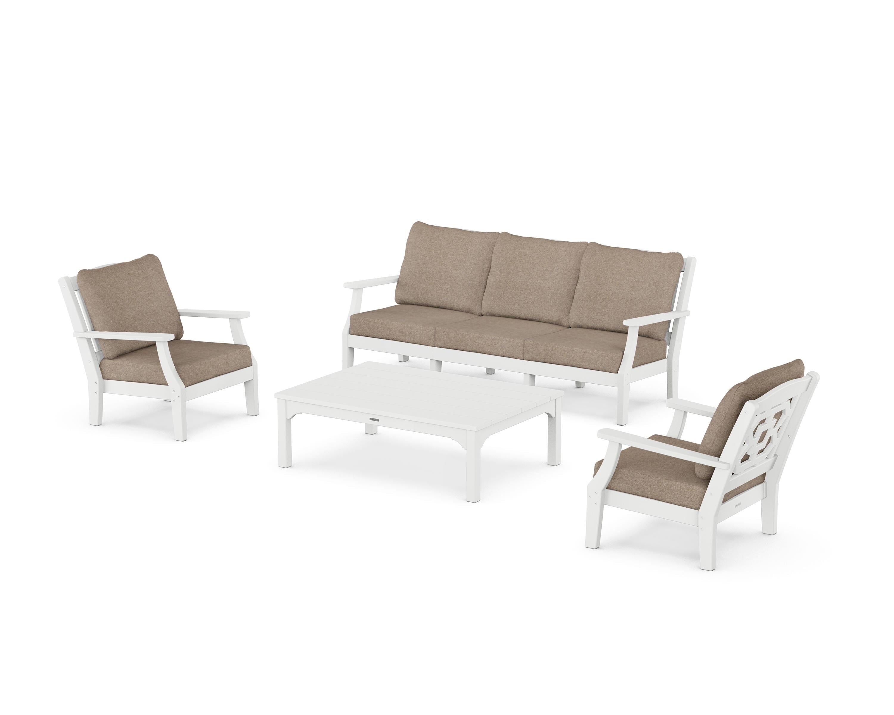 Martha Stewart by POLYWOOD® Chinoiserie 4-Piece Deep Seating Set with Sofa in White / Spiced Burlap