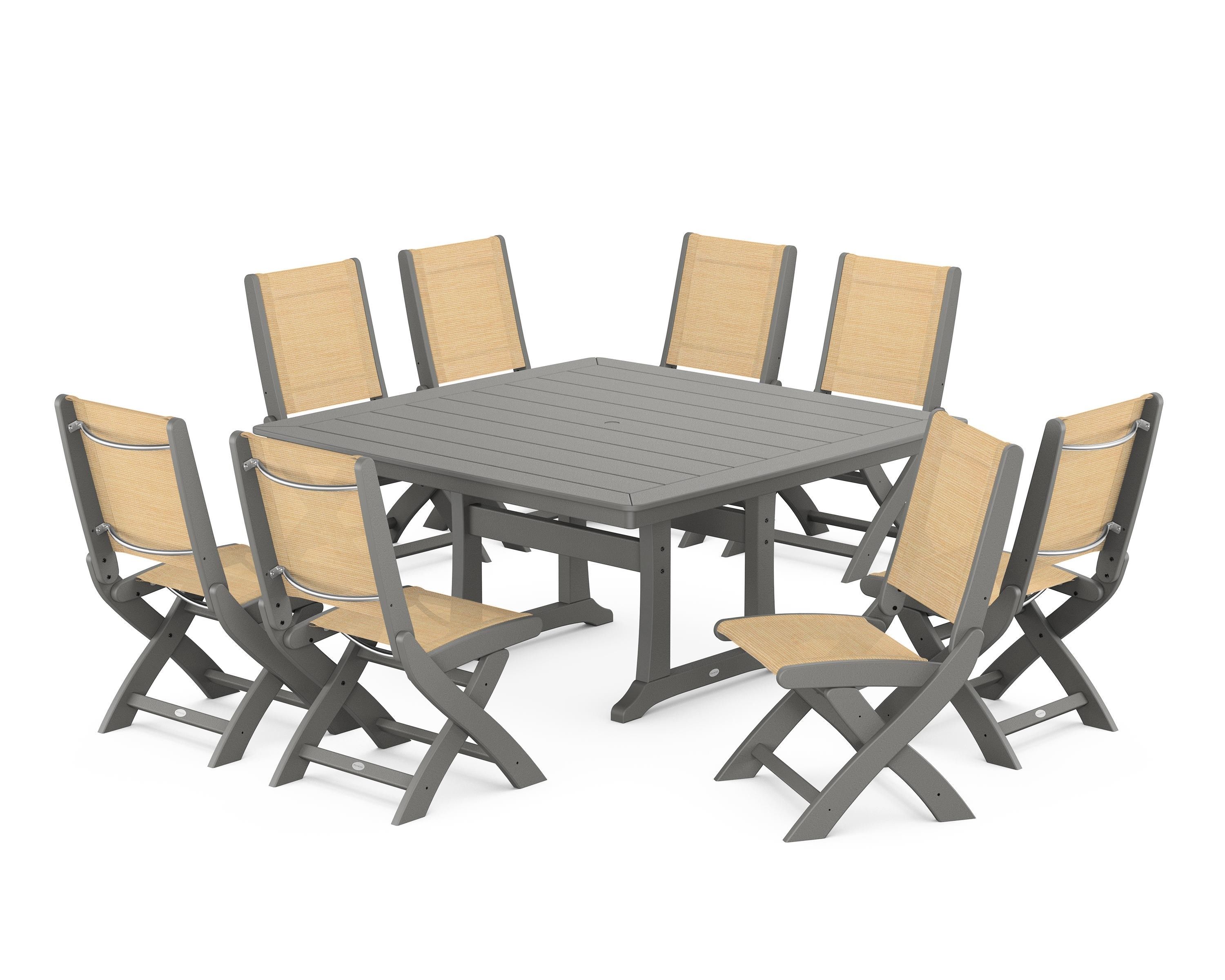 POLYWOOD® Coastal Folding Side Chair 9-Piece Dining Set with Trestle Legs in Slate Grey / Dupioni Apricot Sling