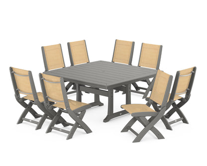 POLYWOOD® Coastal Folding Side Chair 9-Piece Dining Set with Trestle Legs in Slate Grey / Dupioni Apricot Sling