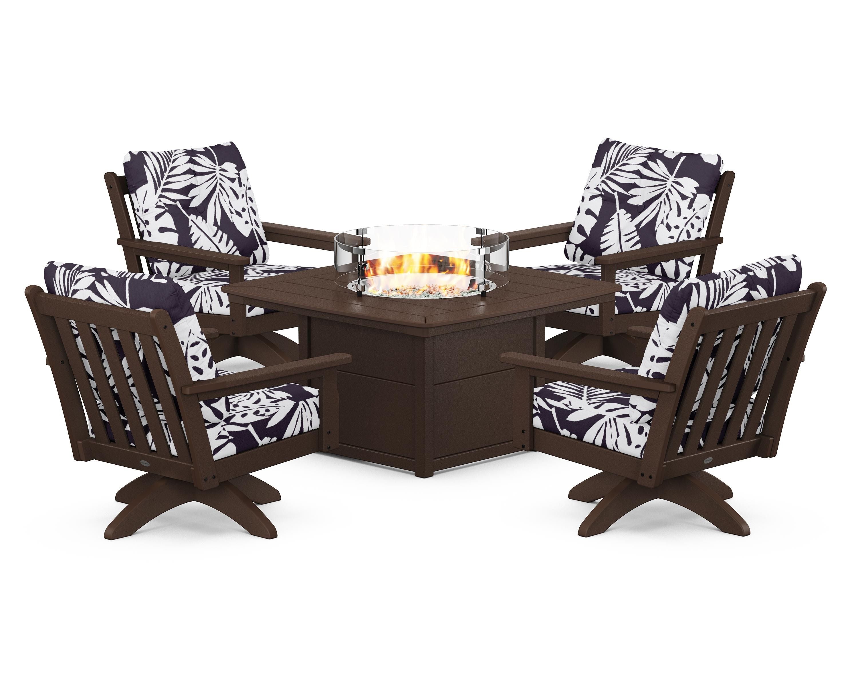POLYWOOD® Vineyard 5-Piece Deep Seating Swivel Conversation Set with Fire Pit Table in Mahogany / Leaf Navy