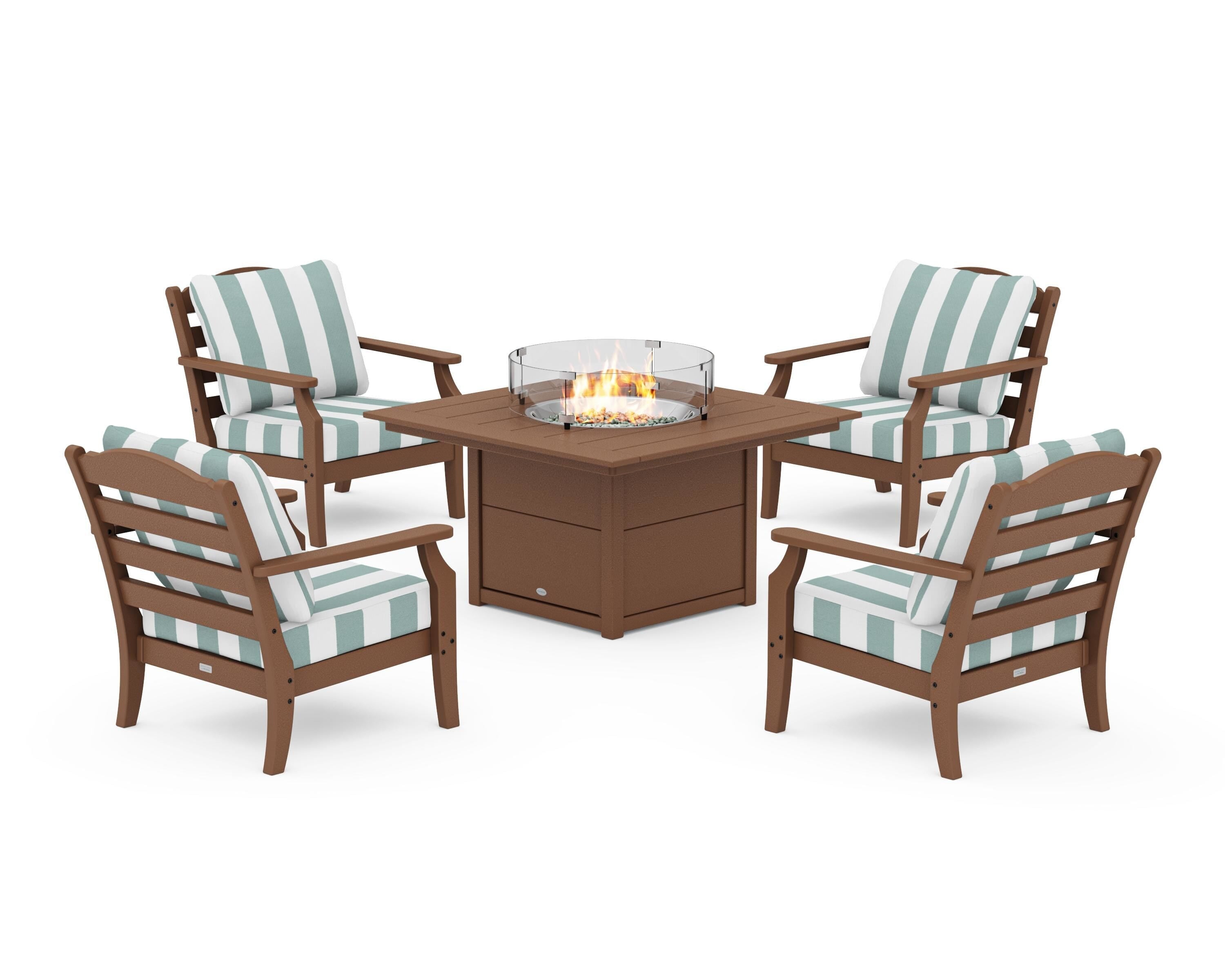Draper James™ by  POLYWOOD® Savannah 5-Piece Deep Seating Set with Fire Pit Table in Teak / Cabana Stripe Glacier Spa