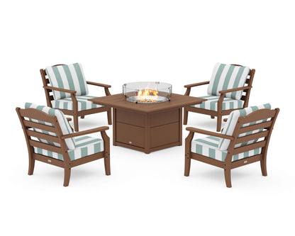 Draper James™ by  POLYWOOD® Savannah 5-Piece Deep Seating Set with Fire Pit Table in Teak / Cabana Stripe Glacier Spa