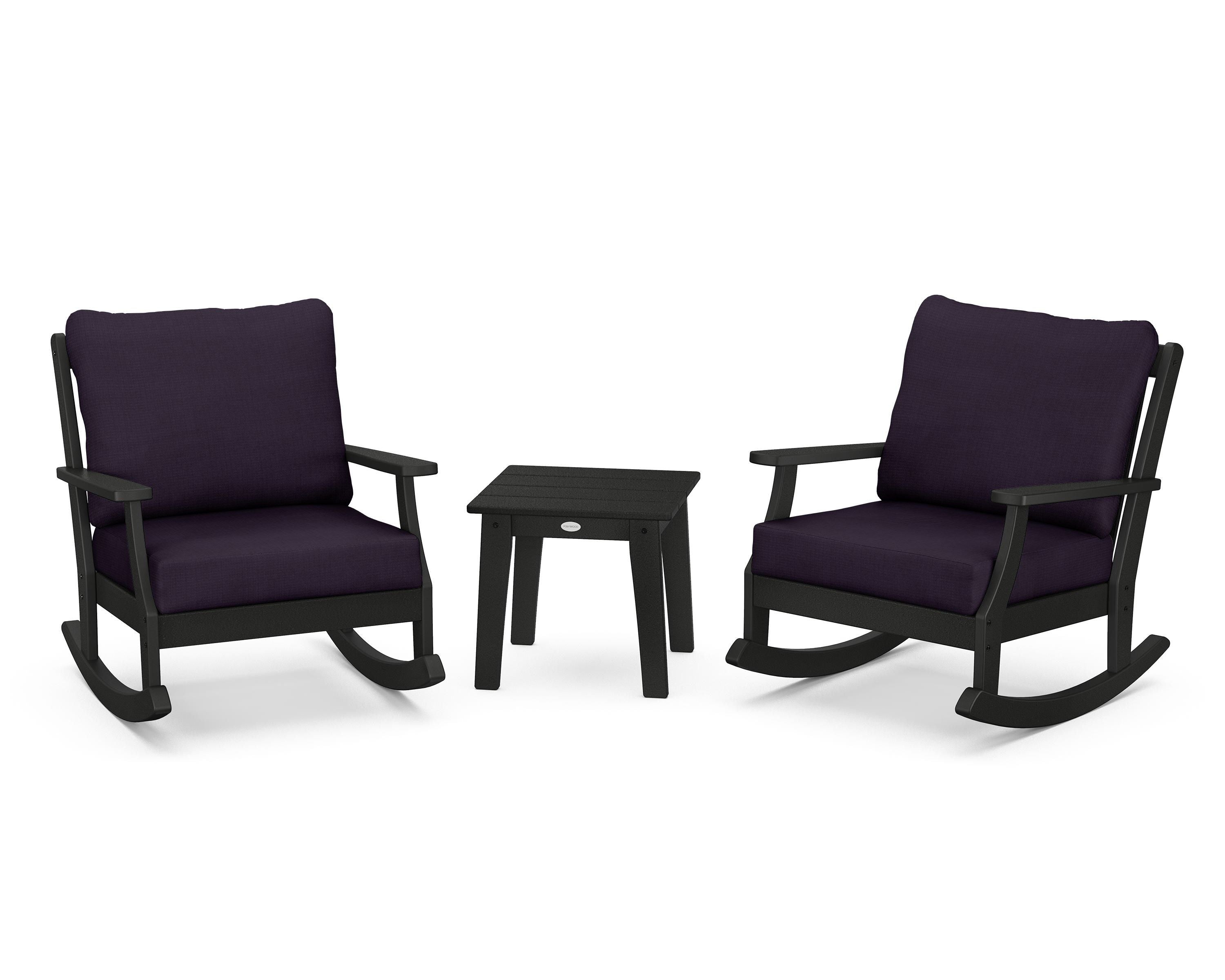 POLYWOOD® Braxton 3-Piece Deep Seating Rocker Set in Black / Navy Linen