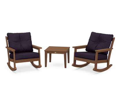 POLYWOOD® Vineyard 3-Piece Deep Seating Rocker Set in Teak / Navy Linen