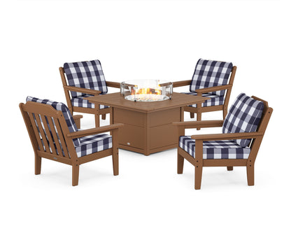 Country Living Cottage 5-Piece Deep Seating Set with Fire Pit Table in Teak / Buffalo Plaid Navy