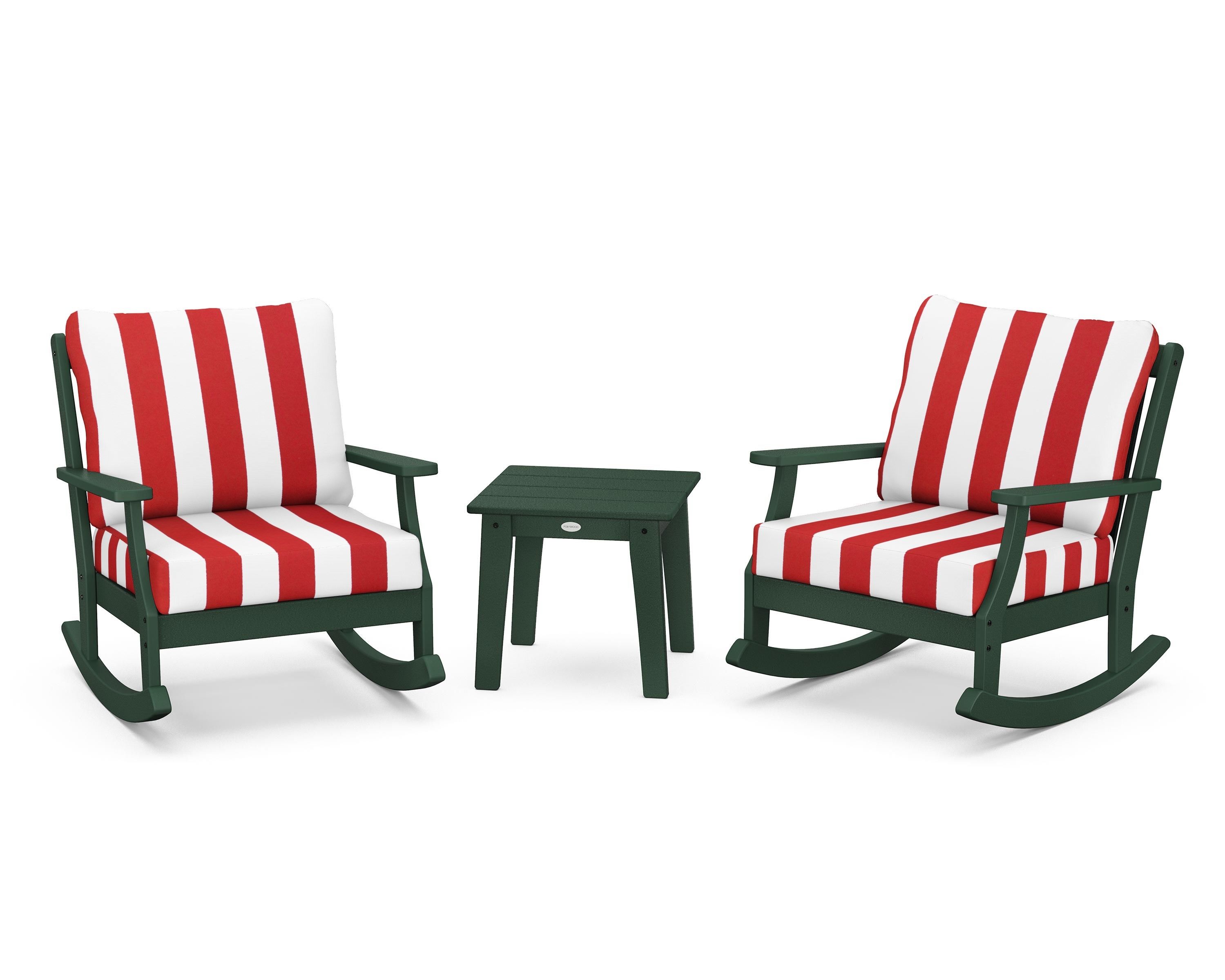 POLYWOOD® Braxton 3-Piece Deep Seating Rocker Set in Green / Cabana Stripe Crimson