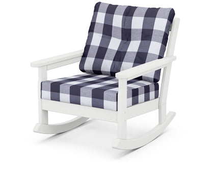 POLYWOOD® Vineyard Deep Seating Rocking Chair in White / Buffalo Plaid Navy