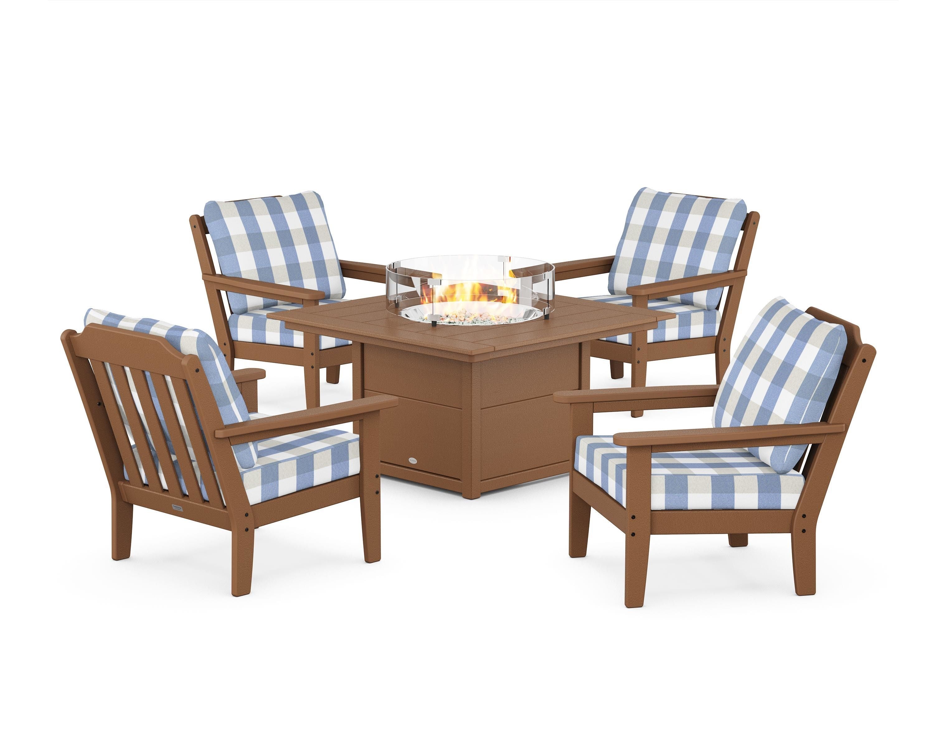Country Living Cottage 5-Piece Deep Seating Set with Fire Pit Table in Teak / Buffalo Plaid Sky Blue