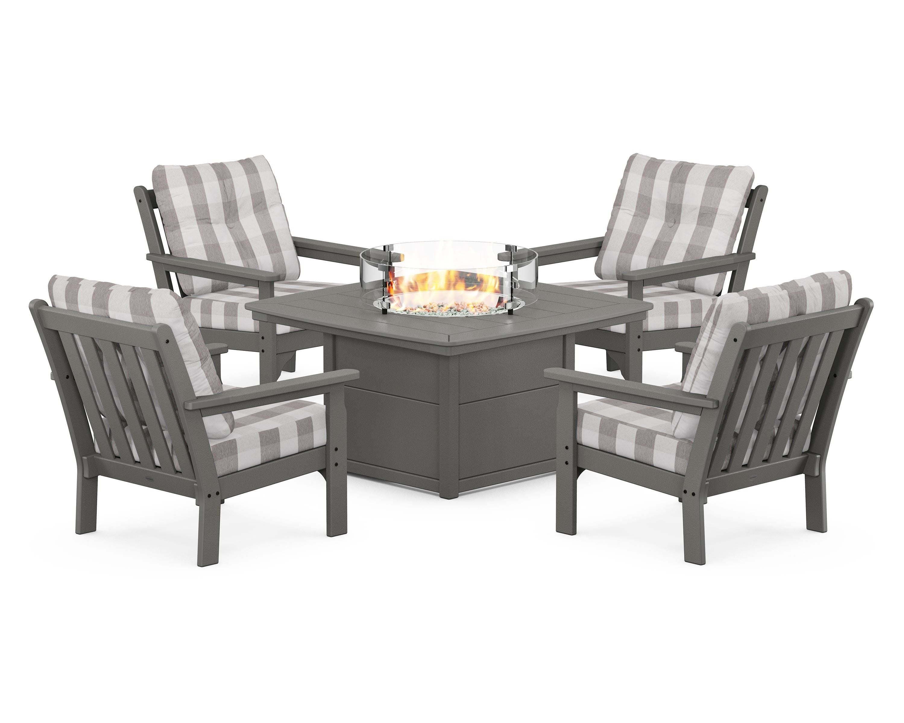 POLYWOOD® Vineyard 5-Piece Conversation Set with Fire Pit Table in Slate Grey / Buffalo Plaid Grey Mist