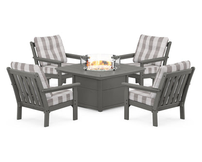 POLYWOOD® Vineyard 5-Piece Conversation Set with Fire Pit Table in Slate Grey / Buffalo Plaid Grey Mist