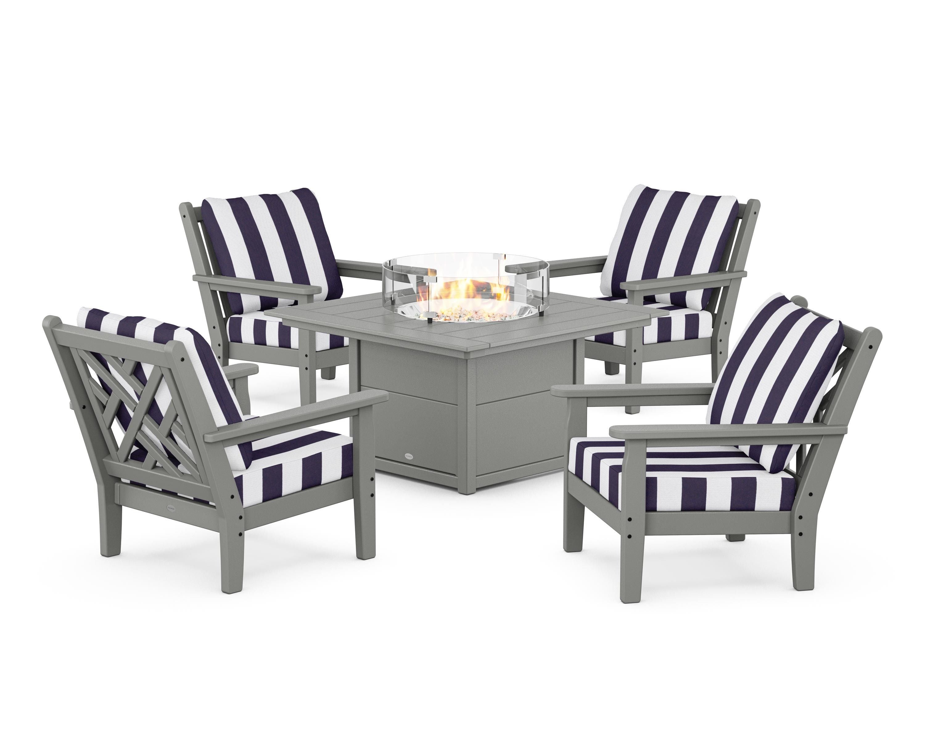 POLYWOOD® Chippendale 5-Piece Deep Seating Set with Fire Pit Table in Slate Grey / Cabana Stripe Navy