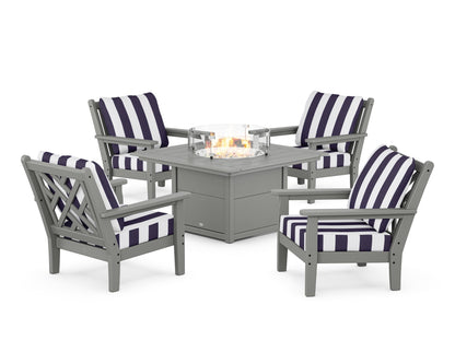 POLYWOOD® Chippendale 5-Piece Deep Seating Set with Fire Pit Table in Slate Grey / Cabana Stripe Navy