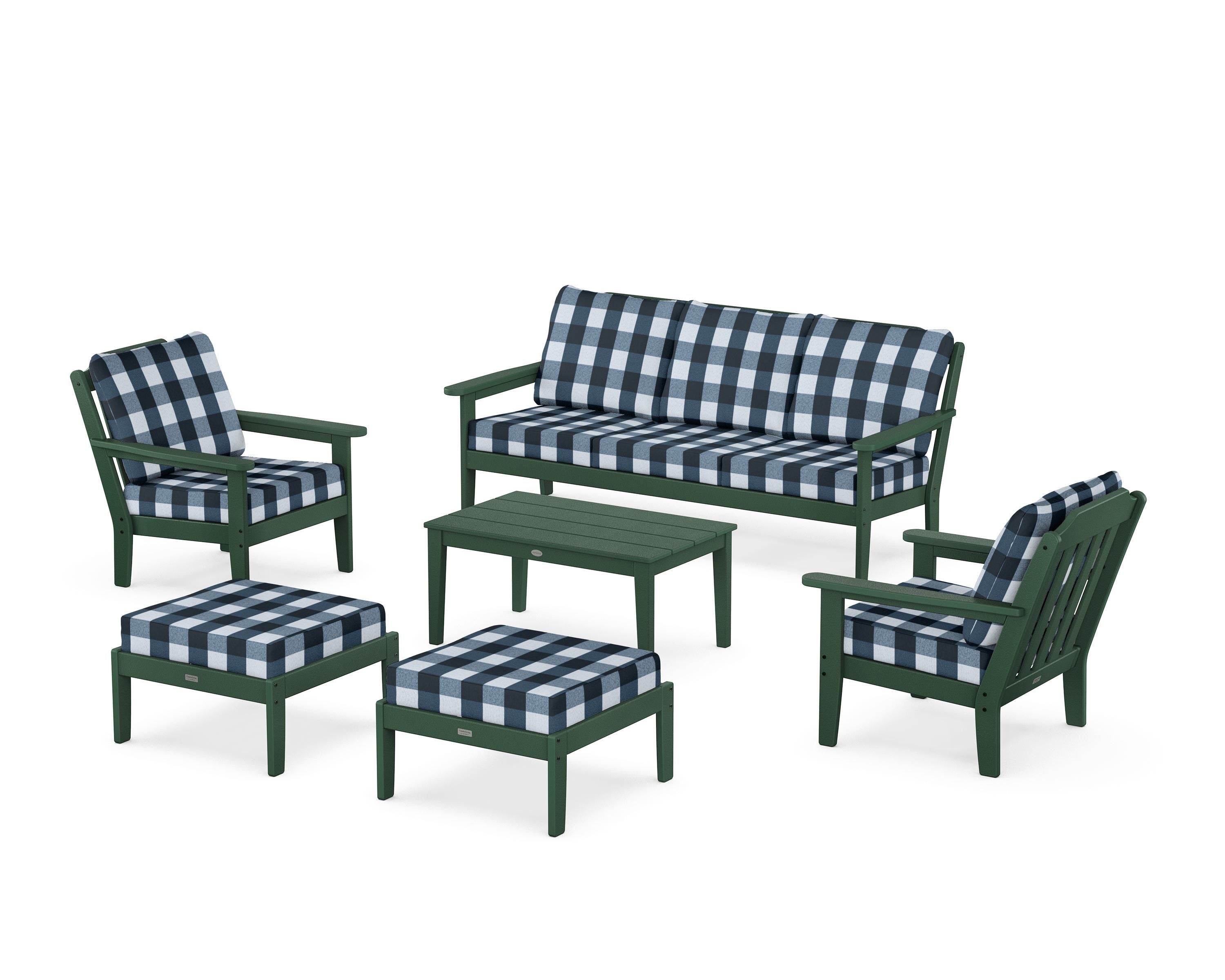Country Living Cottage 6-Piece Lounge Sofa Set in Green / Buffalo Plaid Marine Indigo