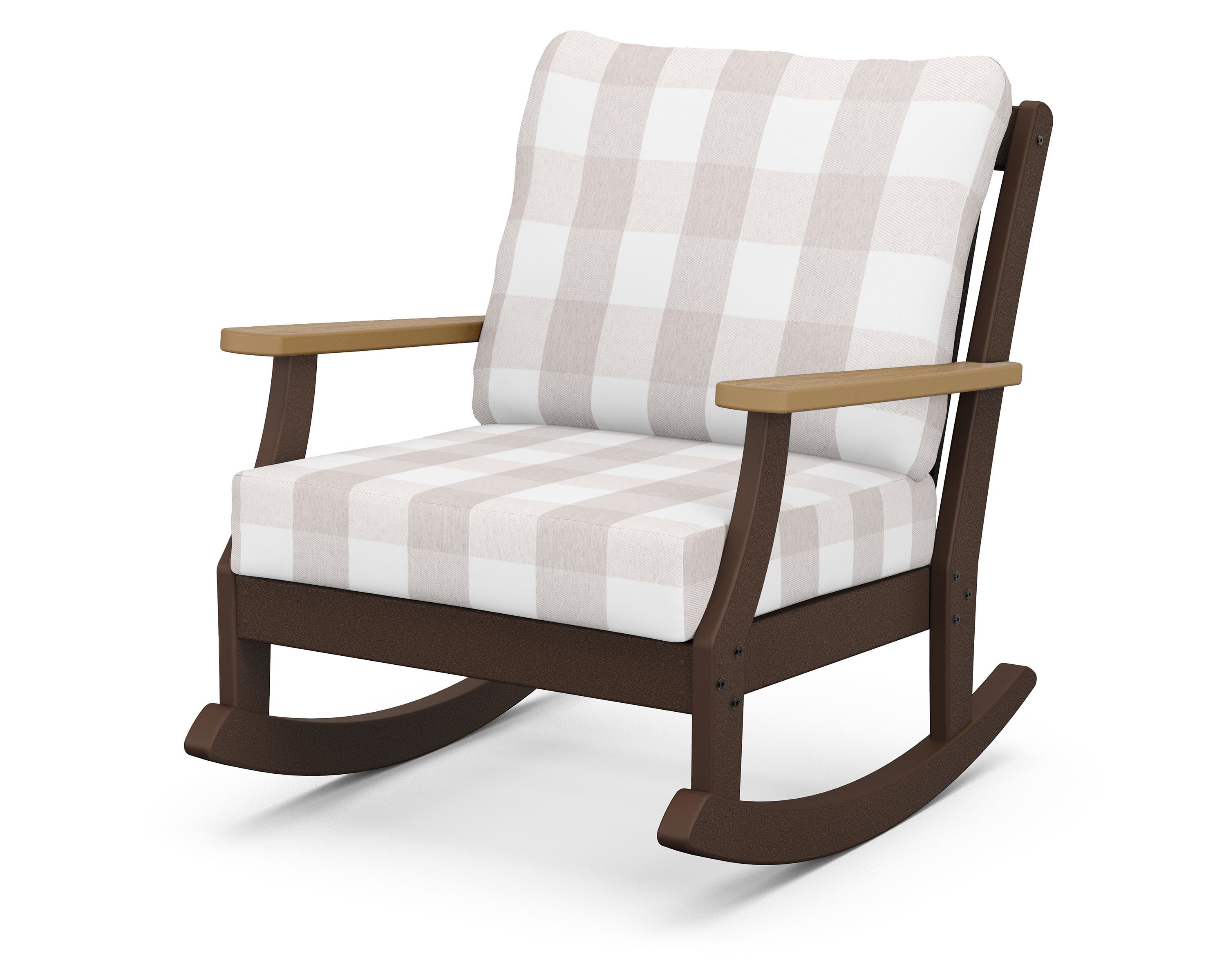 POLYWOOD® Braxton Deep Seating Rocking Chair in Mahogany / Natural / Buffalo Plaid Dune Burlap