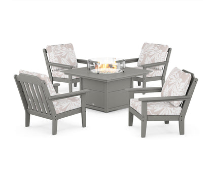 Country Living Cottage 5-Piece Deep Seating Set with Fire Pit Table in Slate Grey / Leaf Dune Burlap