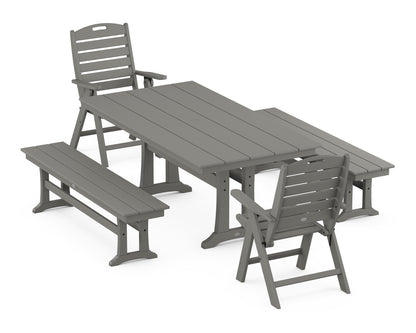 POLYWOOD® Nautical Folding Highback Chair 5-Piece Farmhouse Dining Set With Trestle Legs and Benches in Slate Grey