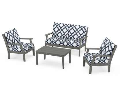 POLYWOOD® Braxton 4-Piece Deep Seating Chair Set in Slate Grey / Trellis Marine Indigo
