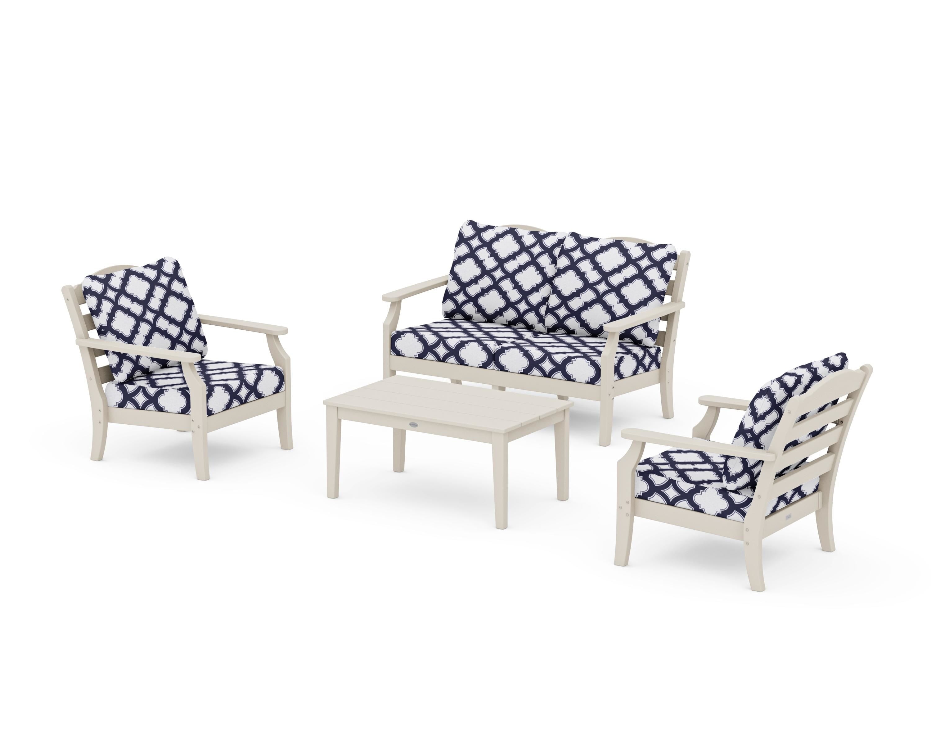 Draper James™ by  POLYWOOD® Savannah 4-Piece Deep Seating Set with Loveseat in Sand / Trellis Navy