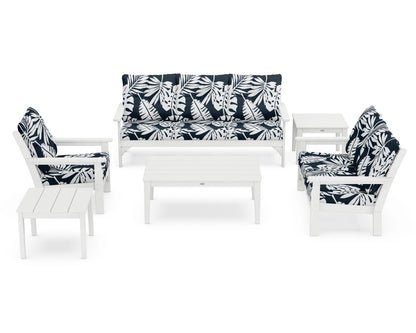 POLYWOOD® Vineyard 6-Piece Deep Seating Set in White / Leaf Marine Indigo