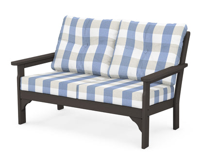 POLYWOOD® Vineyard Deep Seating Loveseat in Vintage Coffee / Buffalo Plaid Sky Blue