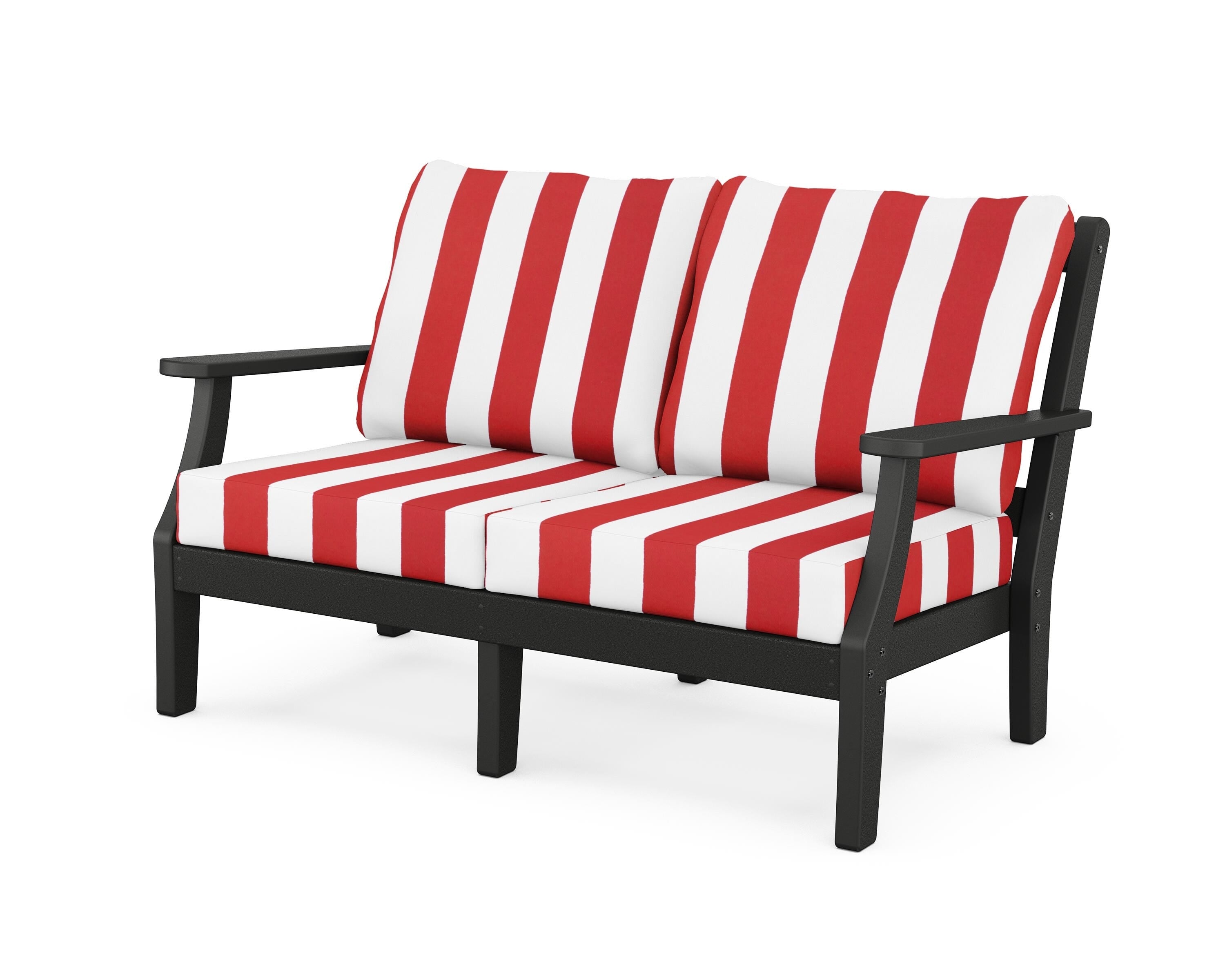 Martha Stewart by POLYWOOD® Chinoiserie Deep Seating Loveseat in Black / Cabana Stripe Crimson