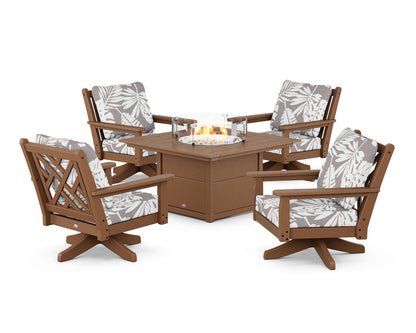 POLYWOOD® Chippendale 5-Piece Deep Seating Swivel Conversation Set with Fire Pit Table in Teak / Leaf Grey Mist